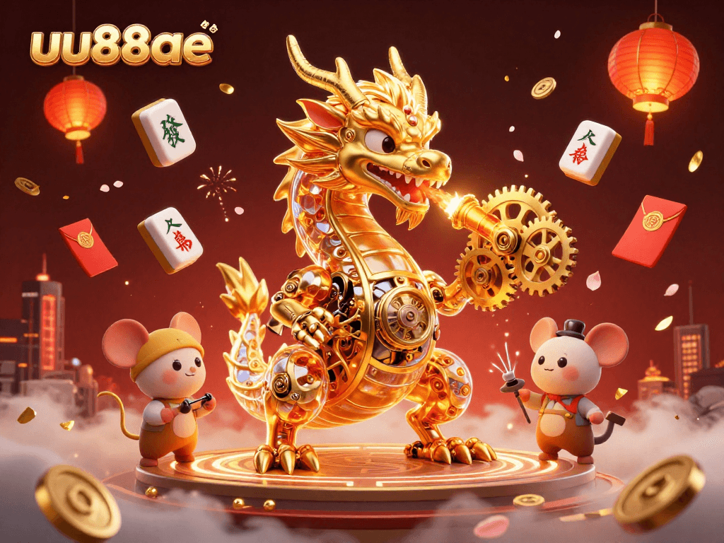 Engage with the unique uu88ae experience featuring a golden dragon and vibrant casino elements.