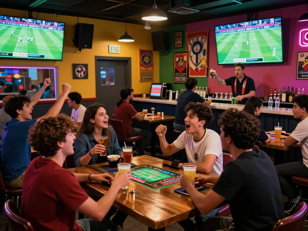 Socolive link for live soccer streaming captures fans cheering in a vibrant sports bar.