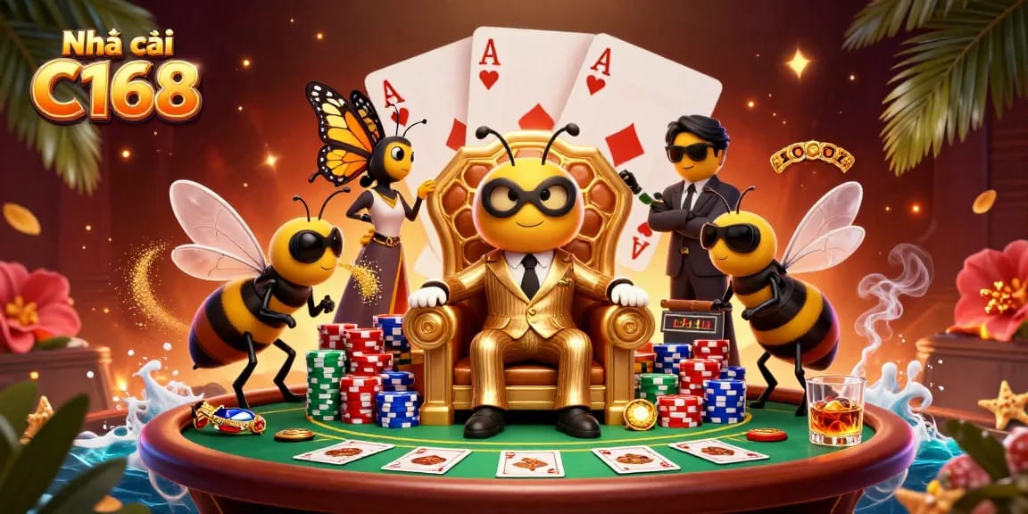 Discover exciting gaming action at Nhà cái C168 with a vibrant poker scene and animated characters.
