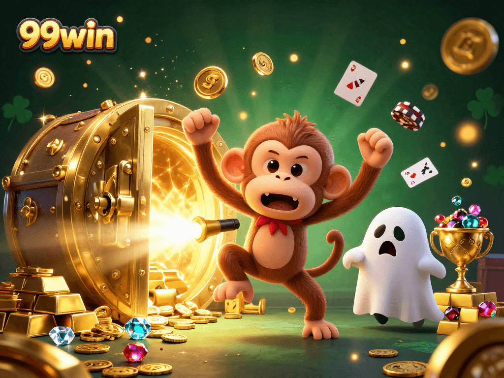 Join the 99win excitement as a mischievous monkey juggles casino treasures in a thrilling scene.