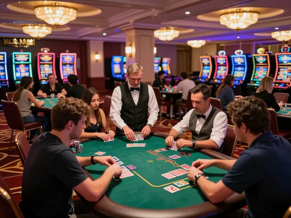 Experience the thrill of nohu at an upscale casino with players engaged in blackjack.
