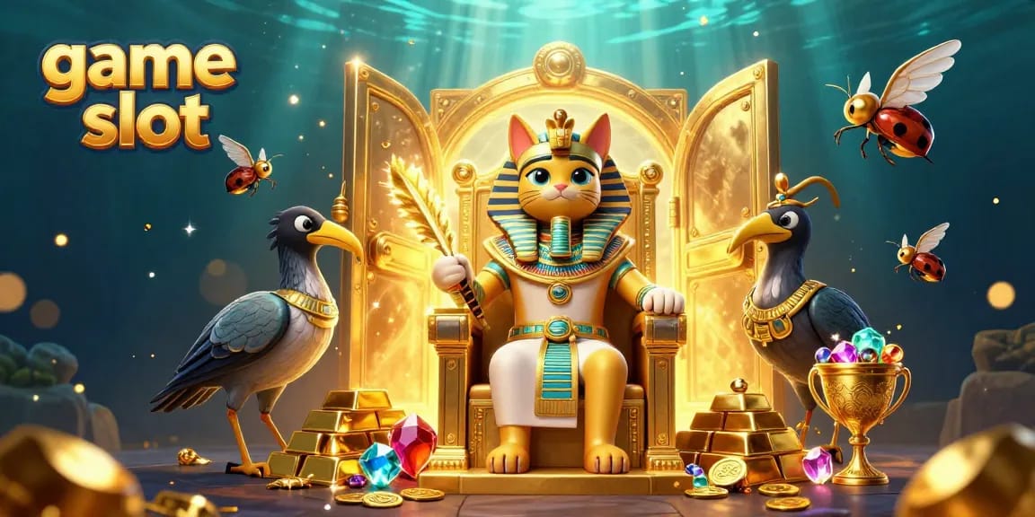 Spin the reels in this vibrant game slot illustration featuring a pharaoh cat amidst treasures.