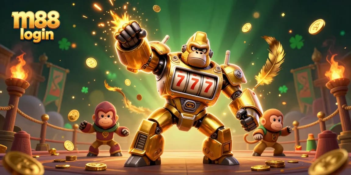 Experience thrilling m88 login adventures with a golden gorilla mech in a vibrant casino scene.