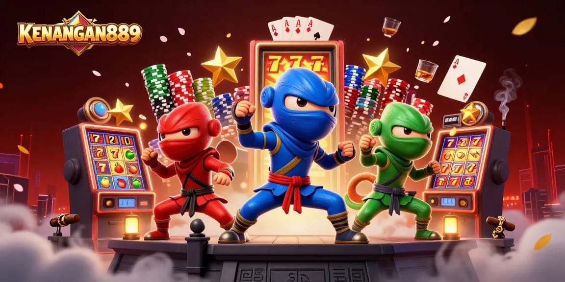 KENANGAN889 showcases a vibrant 3D scene with chameleon ninjas performing martial arts amidst slots and poker chips.