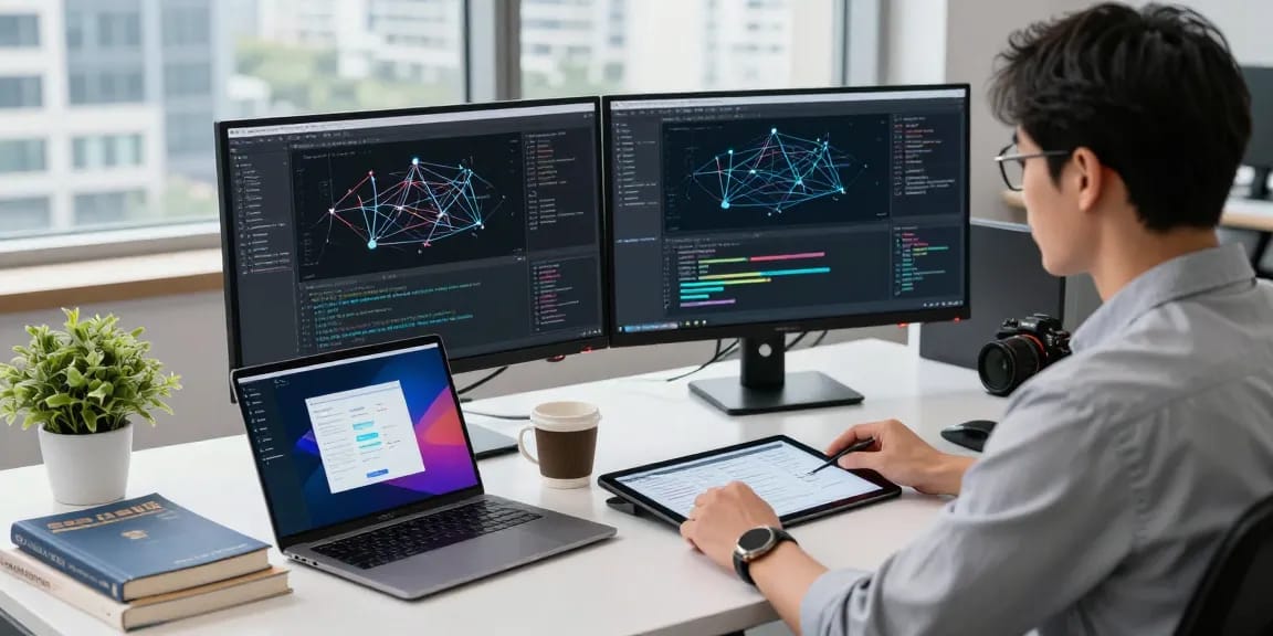 快连 technology workspace featuring a software engineer coding on dual monitors with network optimization tools, vibrant graphics, and an energetic modern office atmosphere.