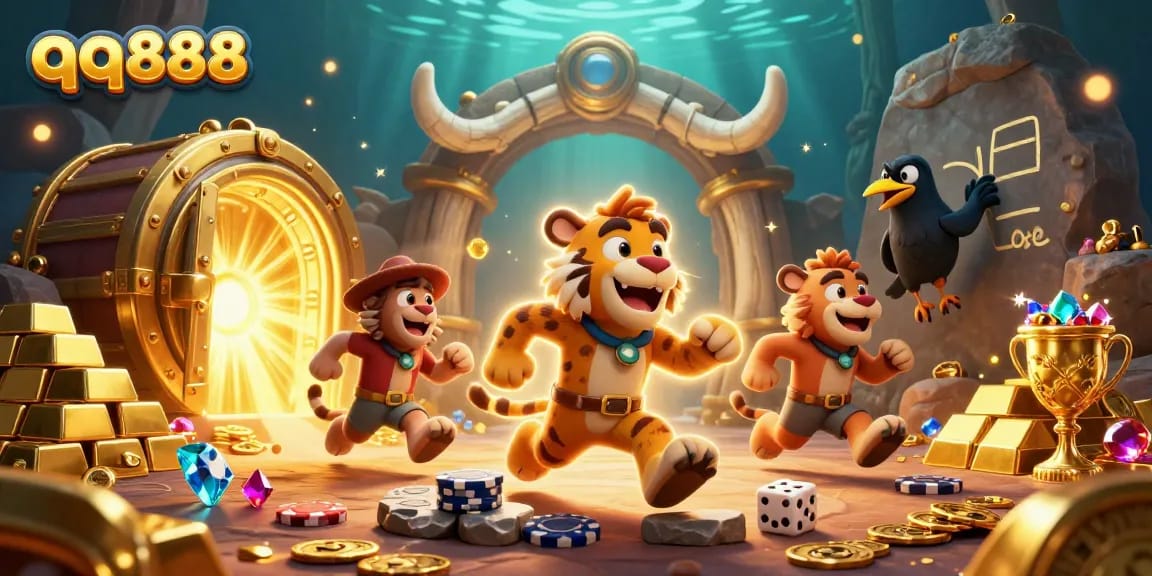 Experience thrilling gaming at qq888 in a lively prehistoric casino with dazzling treasures.