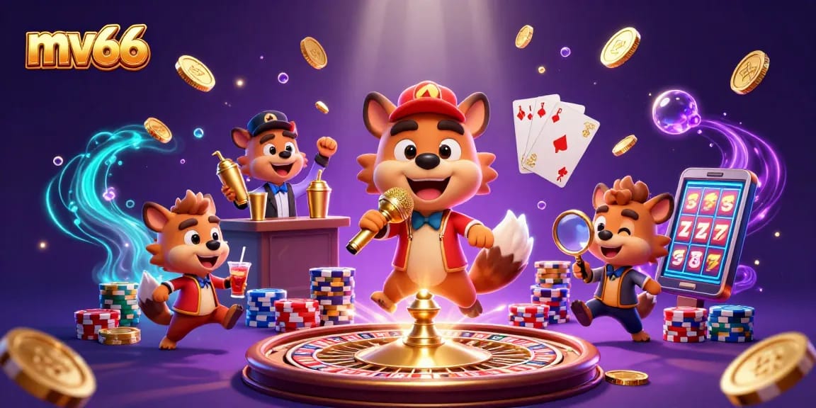 Catch the mv66 excitement in a vibrant casino setting filled with golden coins and thrilling games.