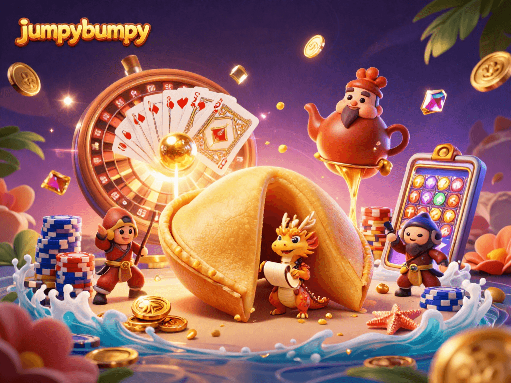 Experience jumpybumpy gaming excitement with a golden fortune cookie, dragon, and dynamic casino elements.