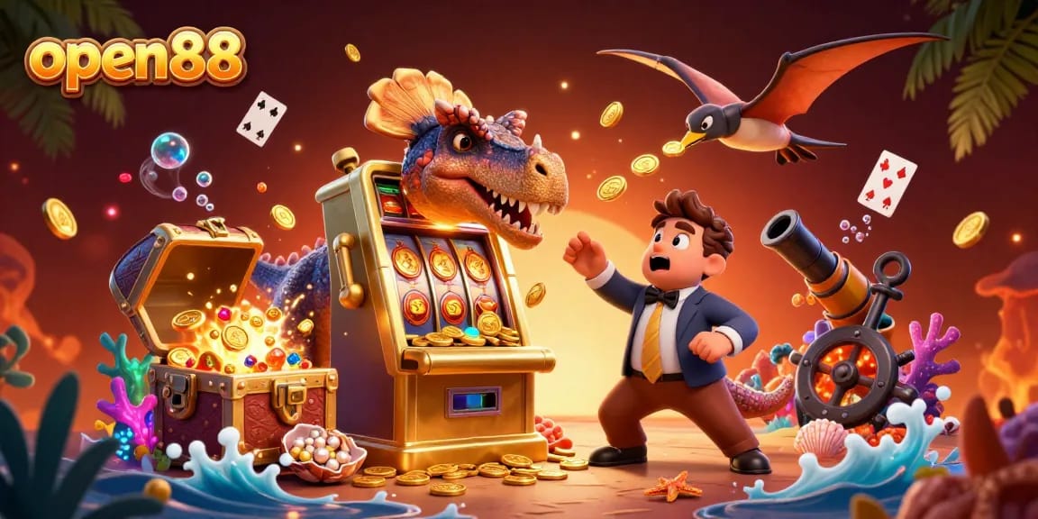 Experience the excitement at open88 with a dinosaur-themed casino adventure featuring a golden slot machine and jackpot moments.