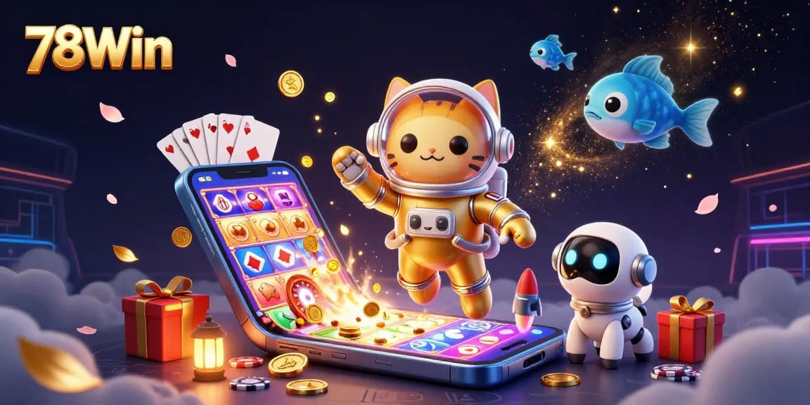 Experience the thrill of 78Win as our golden-space-suited cat celebrates big wins with slot games and colorful casino elements.