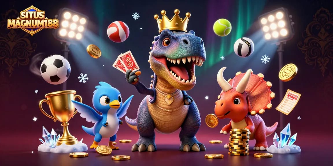 Engage with SITUS MAGNUM188 featuring a 3D T-Rex shuffling cards, surrounded by vibrant casino elements and sports.