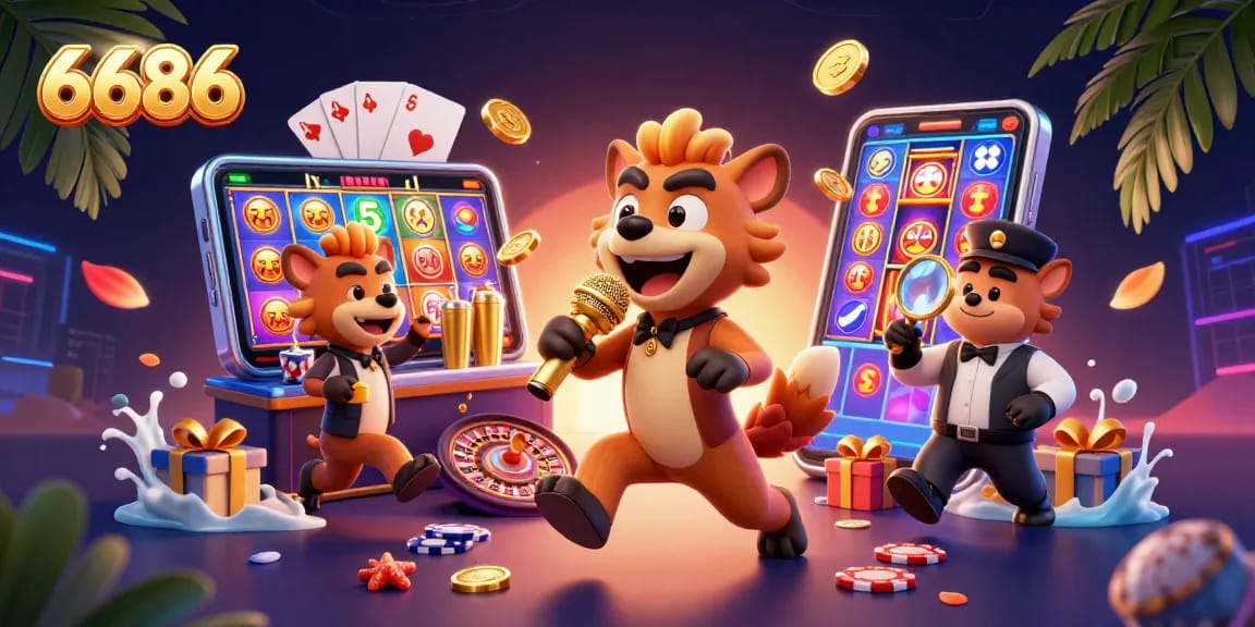 Engage in thrilling 6686 casino action with hyenas hosting a comedy night and exciting games.