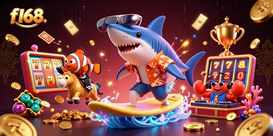 Join the fun at f168. with a thrilling 3D casino scene showcasing vibrant characters and gaming elements.