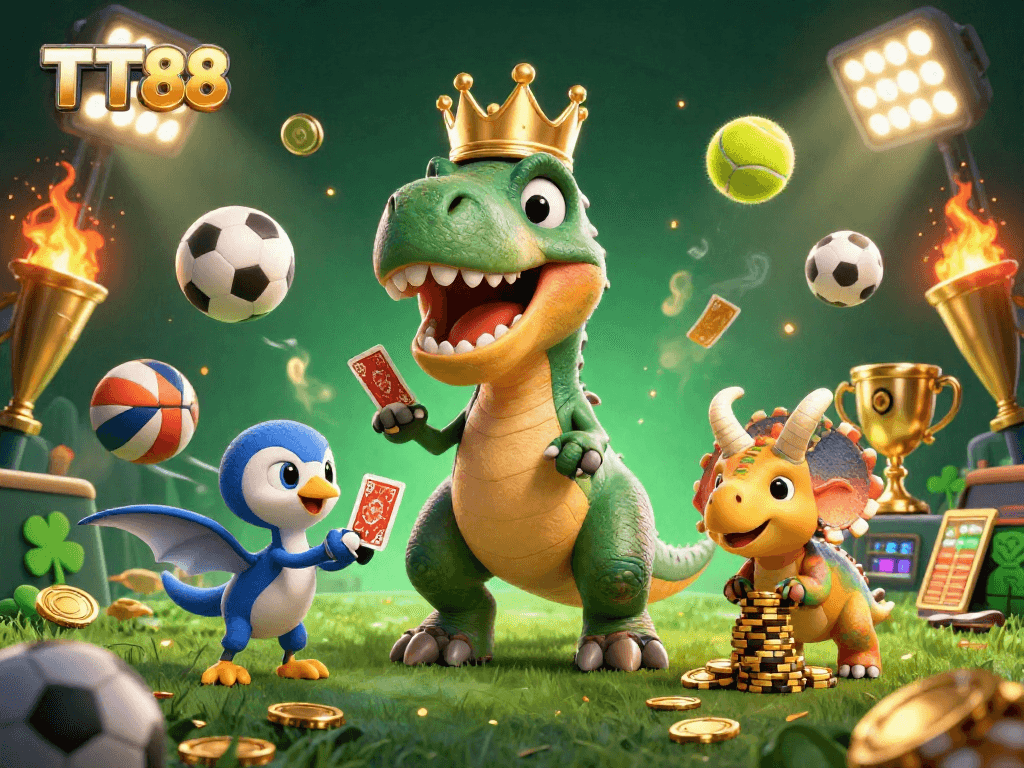Join the fun at TT88 as a T-Rex shuffles cards while a pterodactyl assists in this thrilling casino scene!