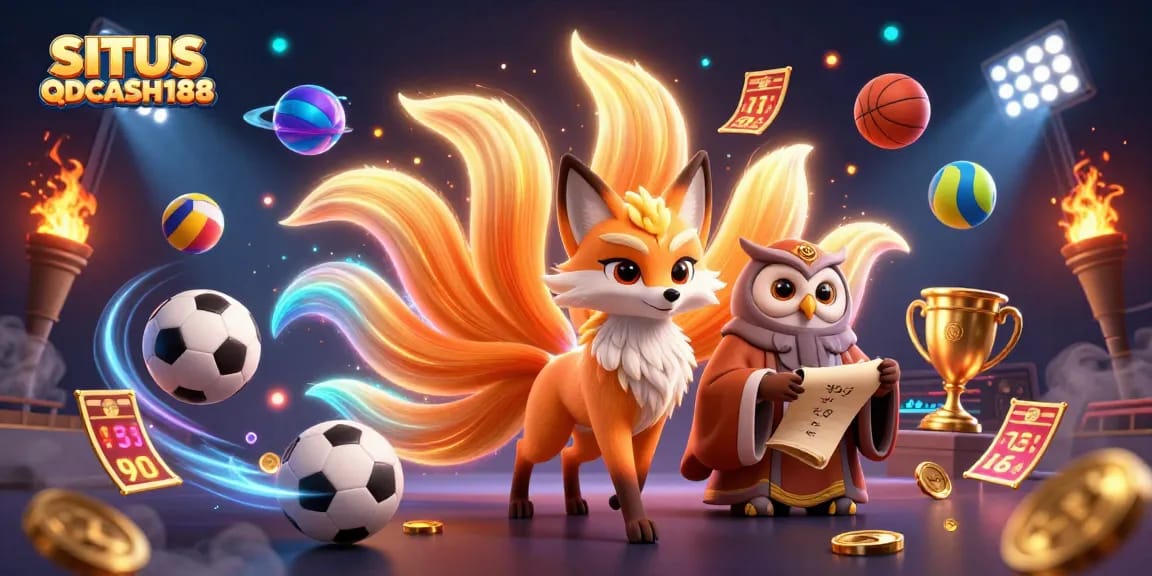 SITUS QQCASH188 showcases vibrant illustration of a nine-tailed fox, owl sage, and sports elements celebrating wins.
