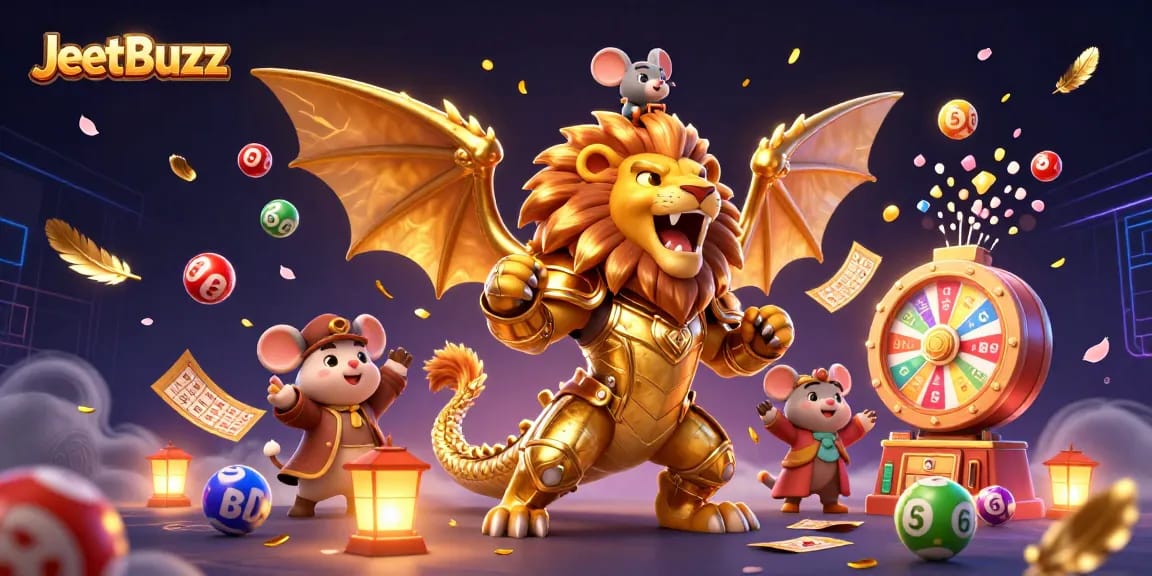 Engage with JeetBuzz, where a golden lion-headed chimera and mouse jockey captivate excitement in a dynamic casino scene.