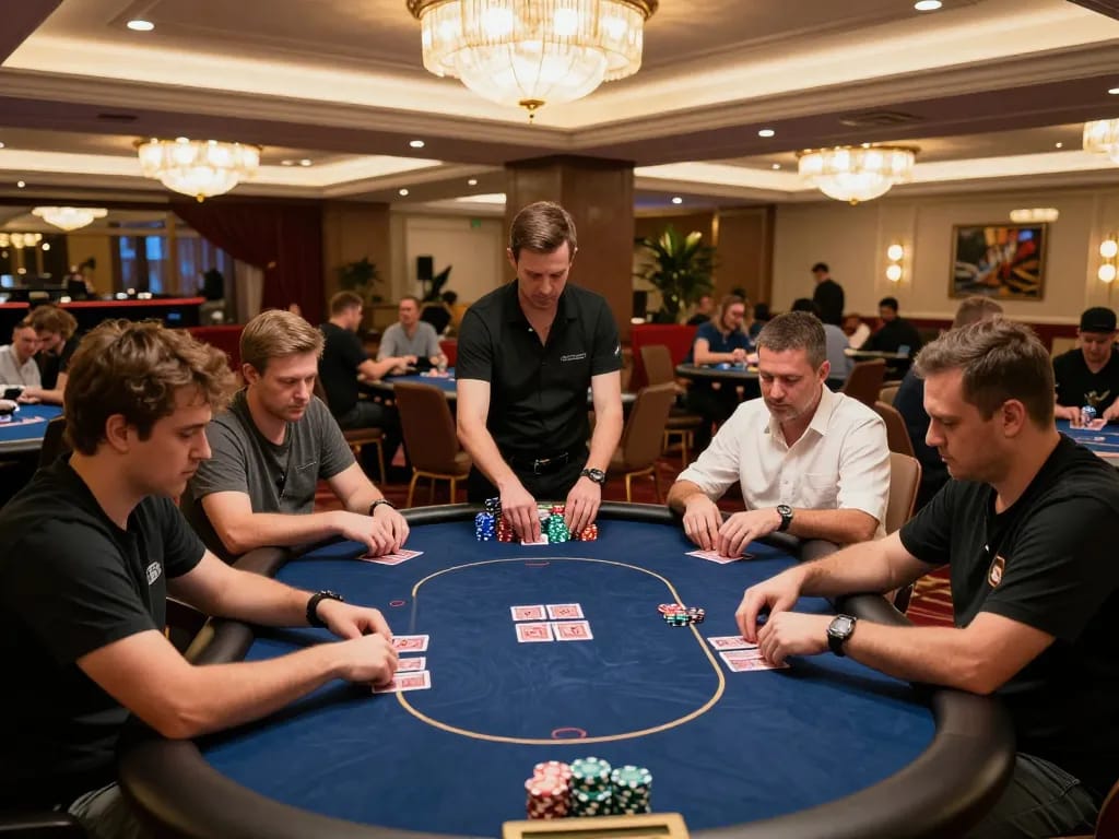 Experience thrilling gameplay at gamebaidoithuong8 poker tables with players strategizing and dealers managing bets.