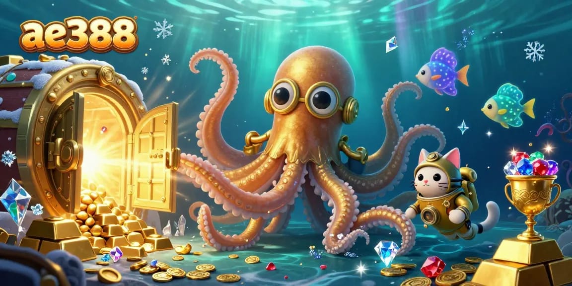 Enhance your gameplay with ae388, a 3D illustration showcasing a kraken and diving cat amid treasures and casino elements.