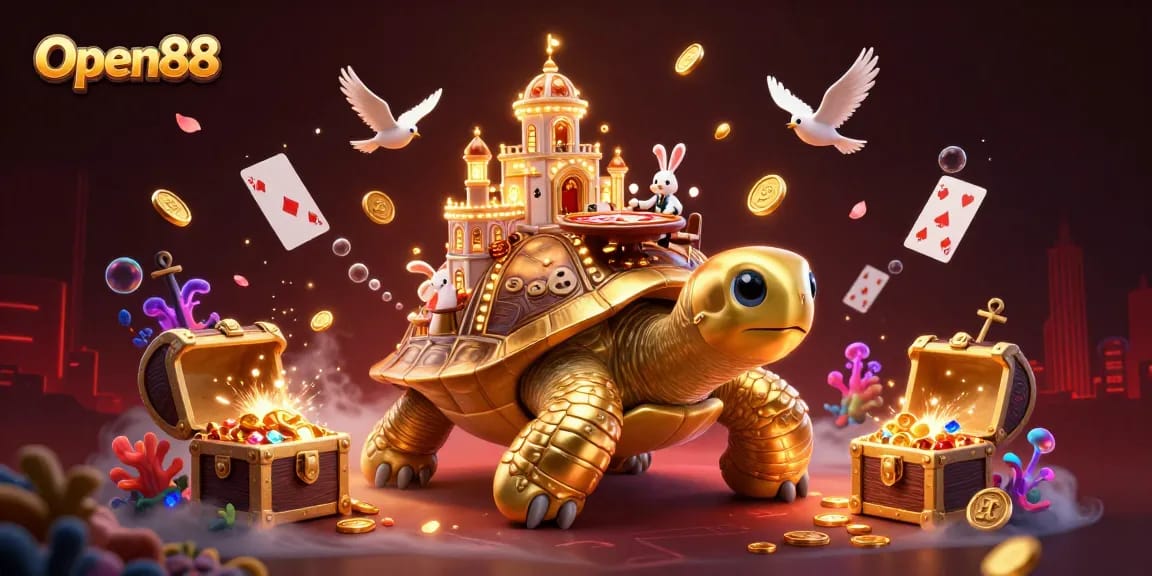 Open88 showcases a vibrant casino scene with dynamic characters and rich gaming elements, highlighting excitement.