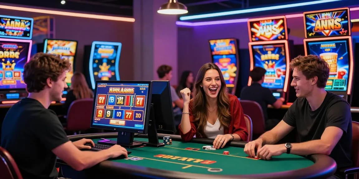 Giocatori che si divertono con i giochi dei casino non AAMS in un ambiente online vivace con colori brillanti e attività coinvolgenti.