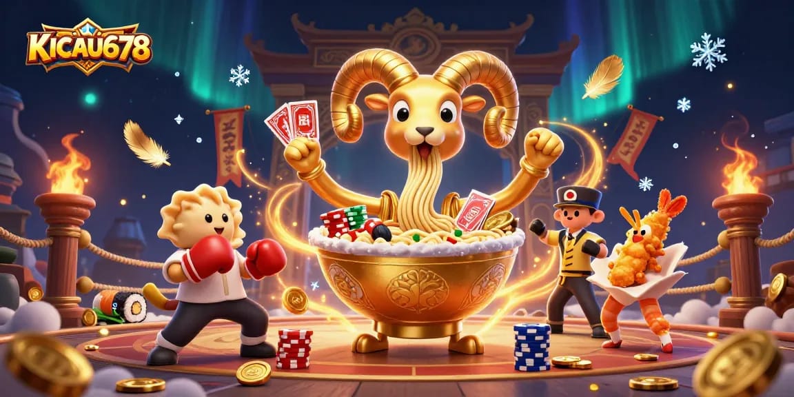 KICAU678 features a giant golden ramen bowl with noodle arms stacked with chips, surrounded by vibrant casino elements.