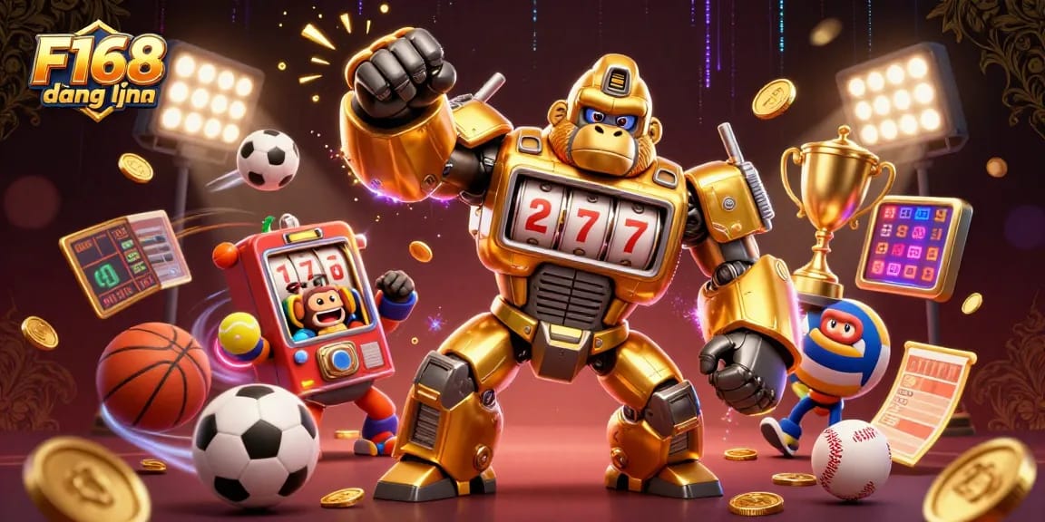 Bet on F168 đăng nhập, dynamic scene featuring a golden gorilla mech and sports elements.