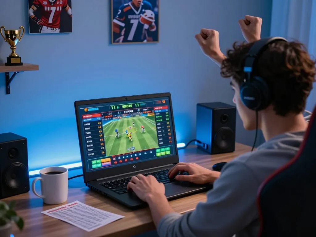 Player celebrating a win during online sports betting session with BL555 interface visible