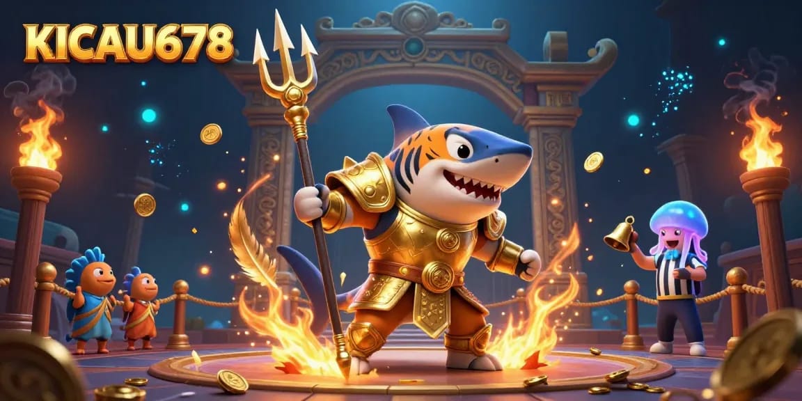KICAU678 shark gladiator dominates an underwater casino arena amidst gold coins and cheering fish.
