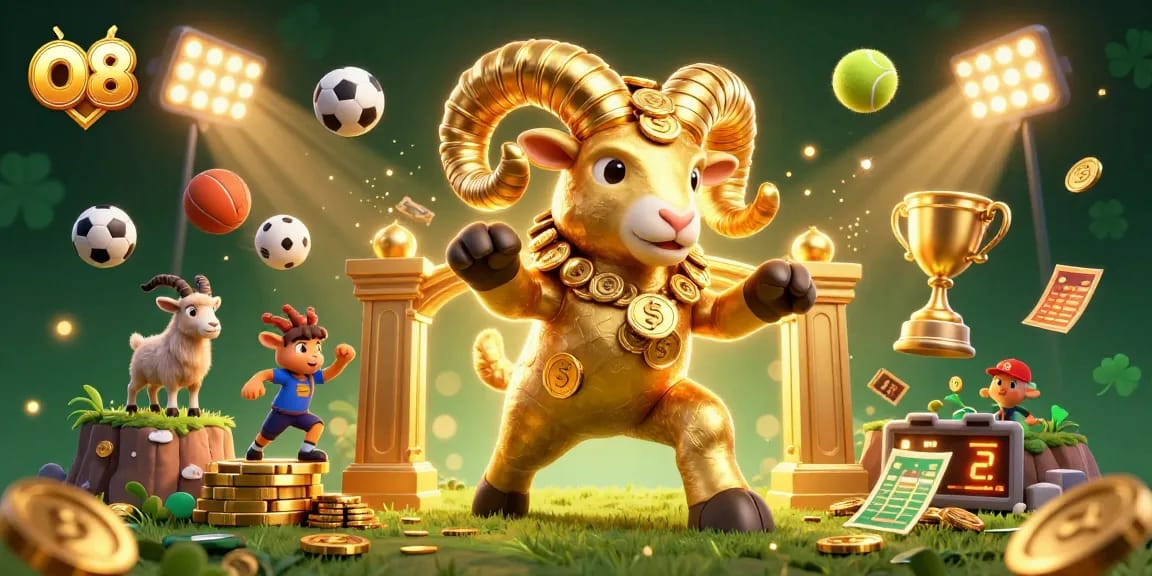 Experience thrilling gaming at O8 with a dynamic scene of a golden ram and vibrant sports symbols.