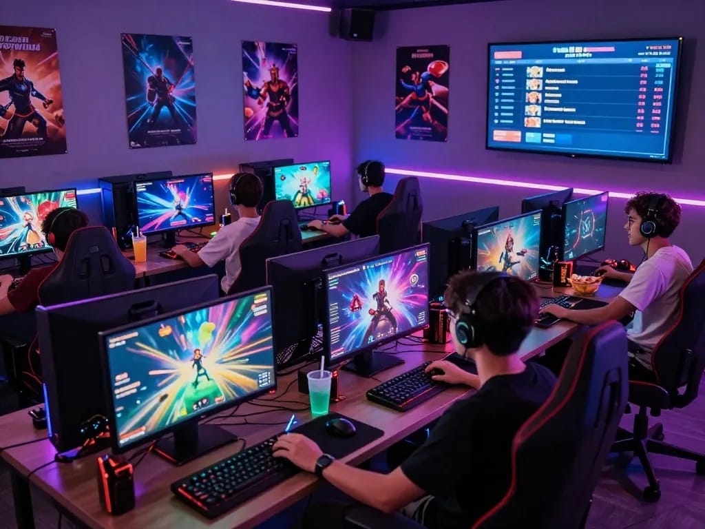 Engaged gamers playing various game sex titles in an immersive digital environment with vibrant LED lights