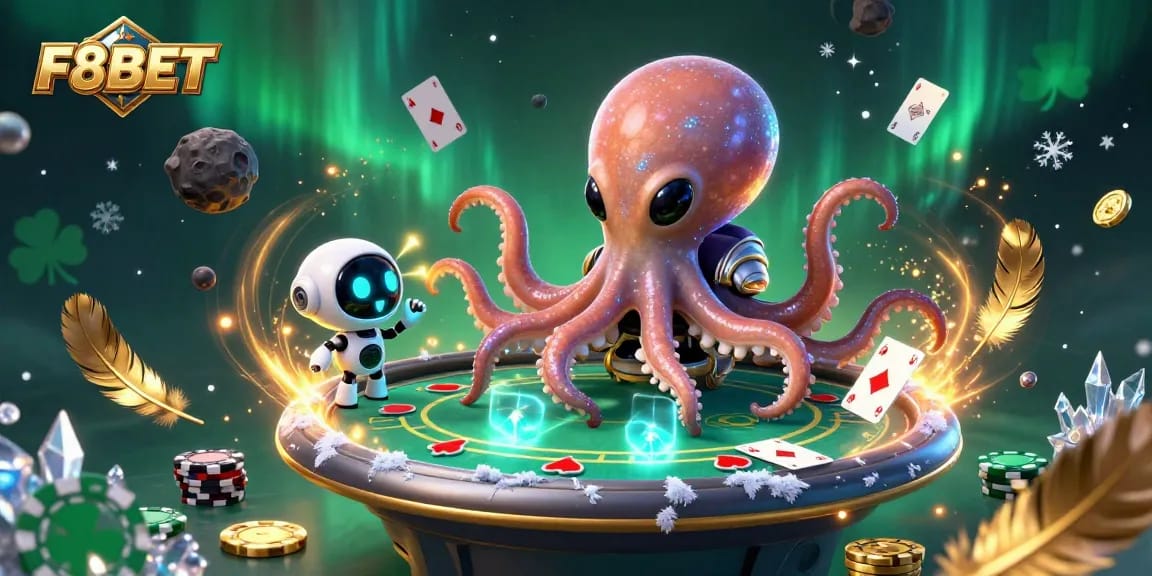 F8BET offers thrilling poker with a cosmic twist featuring an alien octopus and robot companions.
