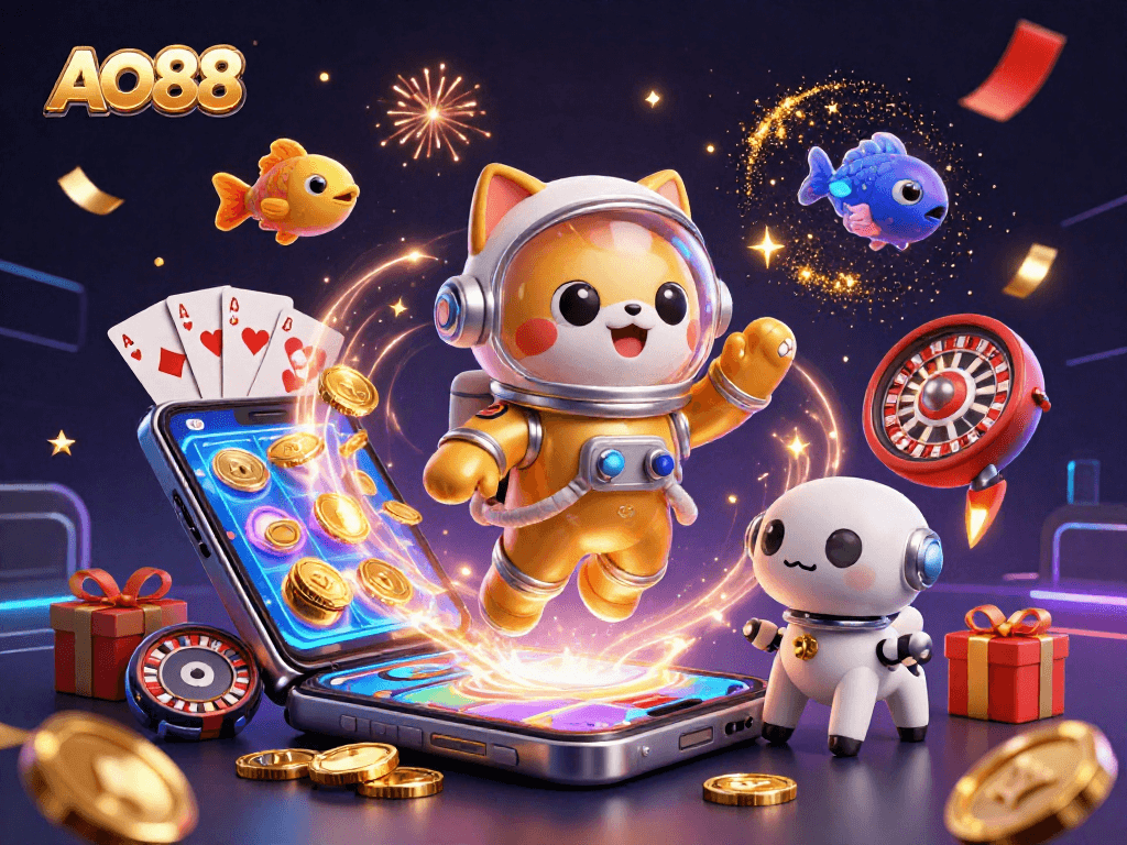 Engage with the vibrant world of AO88, featuring a playful astronaut cat and robot dog amidst thrilling casino action.