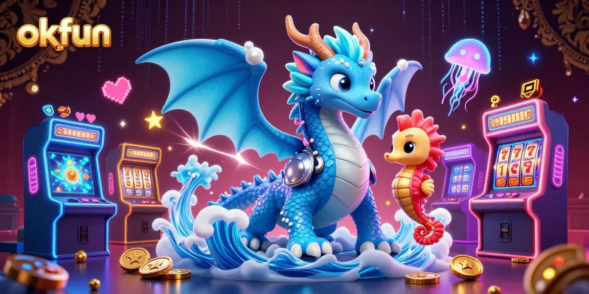 Experience the thrill at okfun with an engaging 3D casino scene featuring vibrant characters and games.