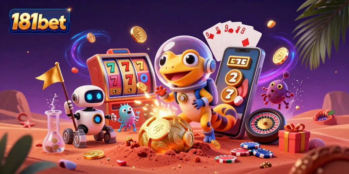 Experience the thrill of 181bet with a Martian gecko uncovering a golden casino amidst vibrant, dynamic casino elements.