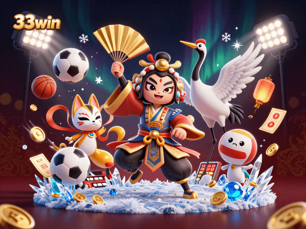 Immerse in the vibrant world of 33win with a lively 3D casino scene featuring a kabuki warrior and sports elements.
