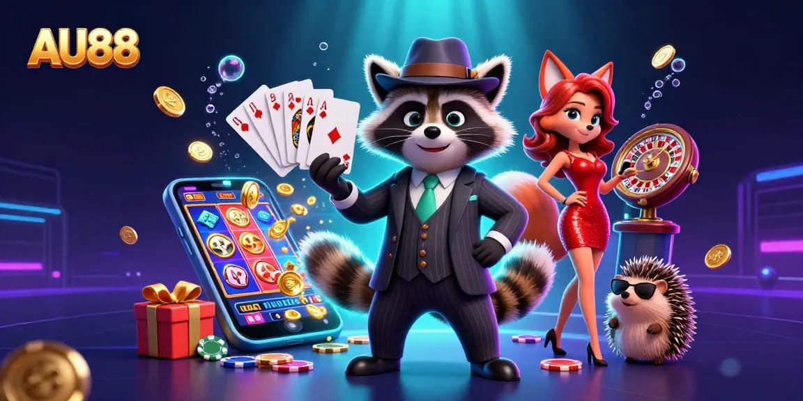 Experience thrilling chances at AU88 with a charming raccoon, fox lady, and hedgehog bouncer amid vibrant casino elements.