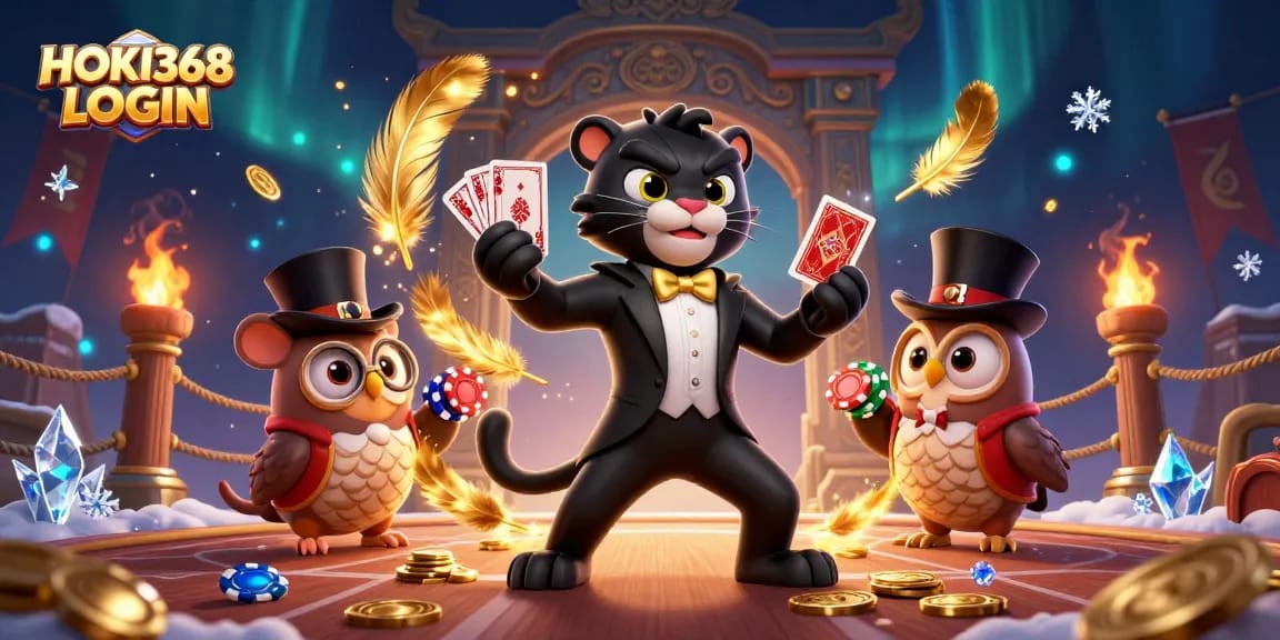 Engage with thrilling gameplay at HOKI368 LOGIN featuring a stylish panther dealer, clever owl, and lucky mouse amidst vibrant casino elements.