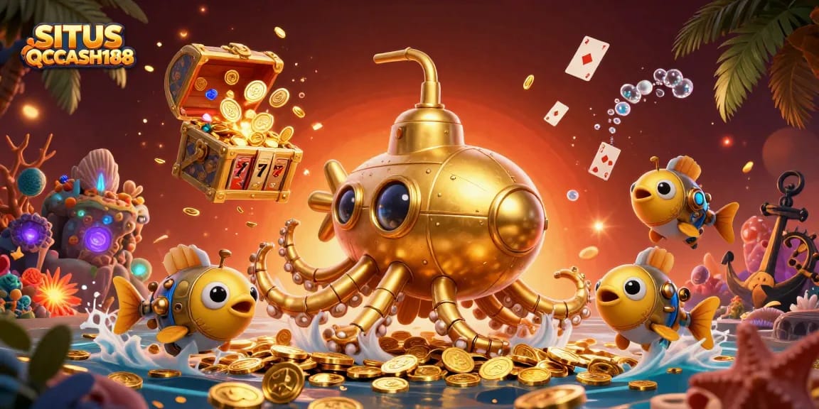 SITUS QQCASH188 showcases an exciting underwater casino adventure with a golden kraken submarine and slot reels.