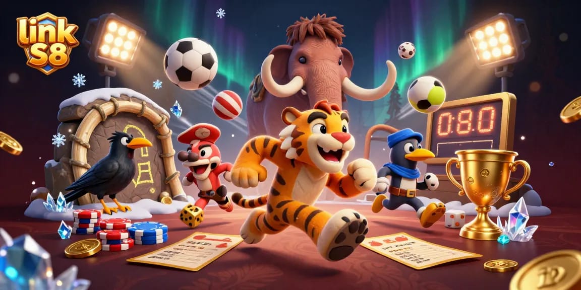 Experience the excitement of link S8 with a vibrant prehistoric casino and dynamic sports elements.