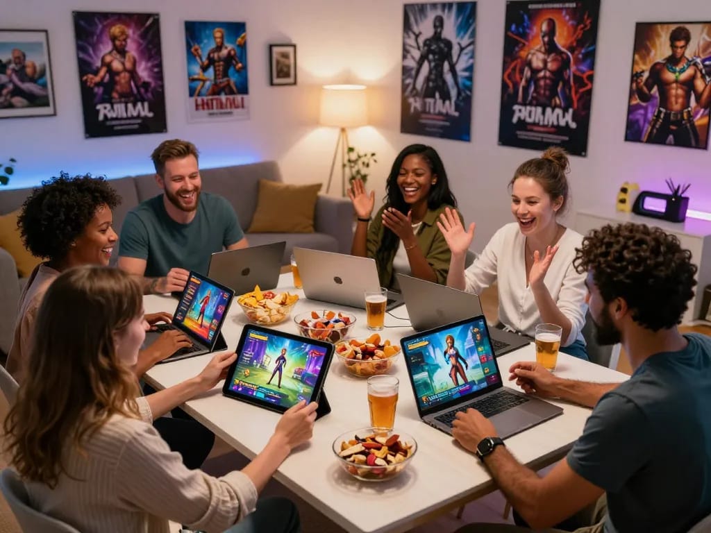 Group enjoying html porn games in a cozy living room, engaging with various devices and laughing together.