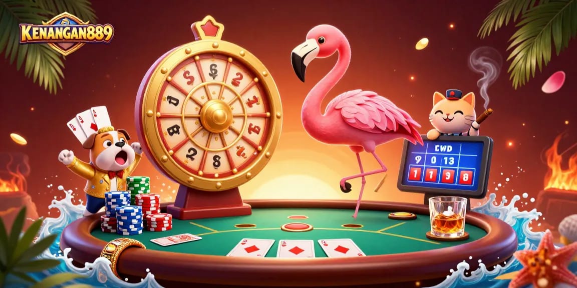 KENANGAN889 offers thrilling action with a vibrant casino gameshow scene, featuring a flamingo host and bulldog contestant.