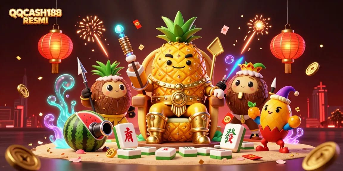 Engage with QQCASH188 RESMI through a vibrant casino scene featuring a golden pineapple king and lively characters.
