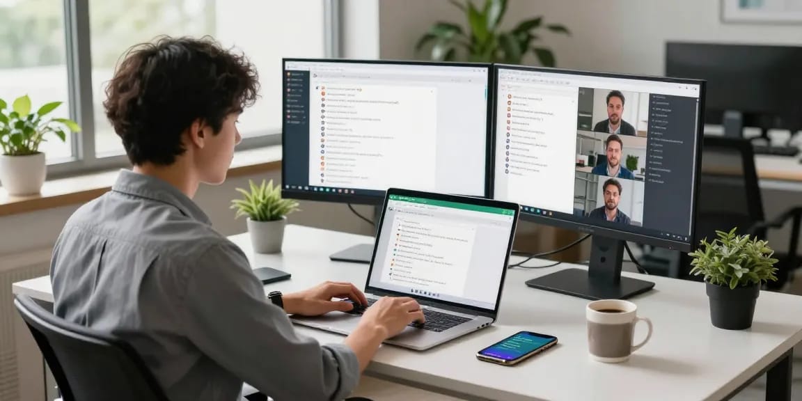 Professional using WhatsApp網頁版 on laptop in a modern office setup.
