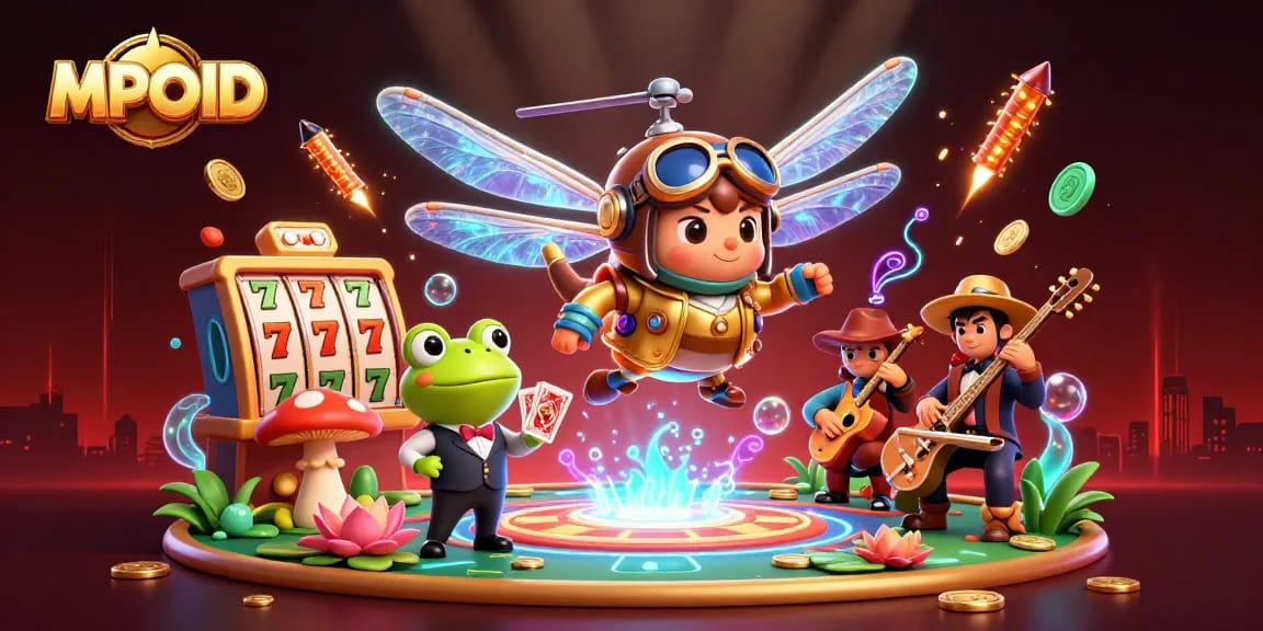 Win big at MPOID with a dynamic scene of animated casino characters, slots, and festive elements.