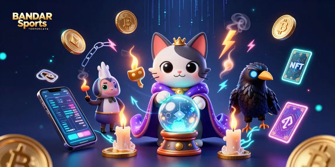 BANDAR Sports TERPERCAYA showcases thrilling crypto casino action with mystical characters in a vibrant 3D illustration.