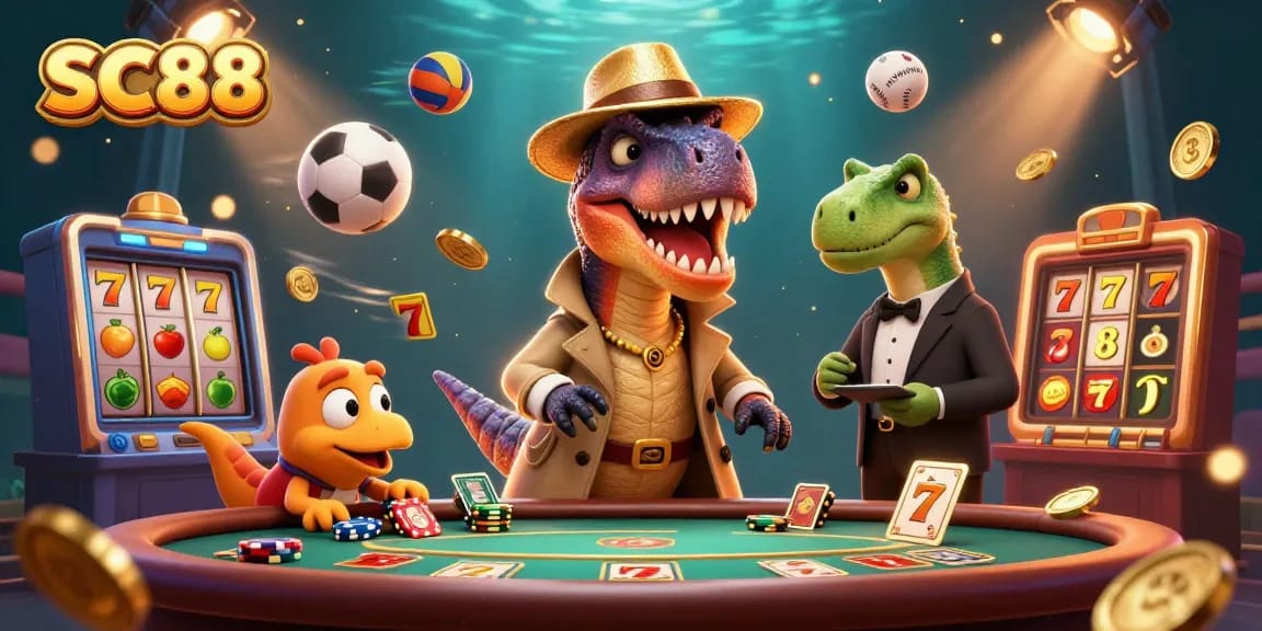 Engage in high-stakes action with SC88 at a vibrant casino, featuring characters and dynamic gaming elements.