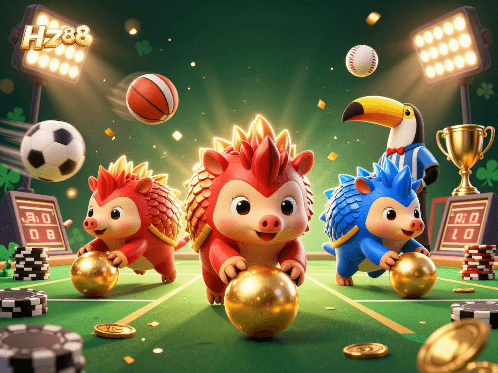 Engage with HZ88's thrilling gameplay featuring competitive pangolins, poker chips, and sports elements in 3D art.