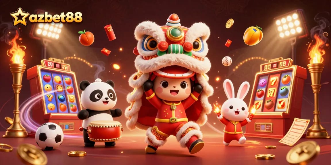 azbet88 showcases a festive 3D lion dance scene with engaging slot and jackpot elements.