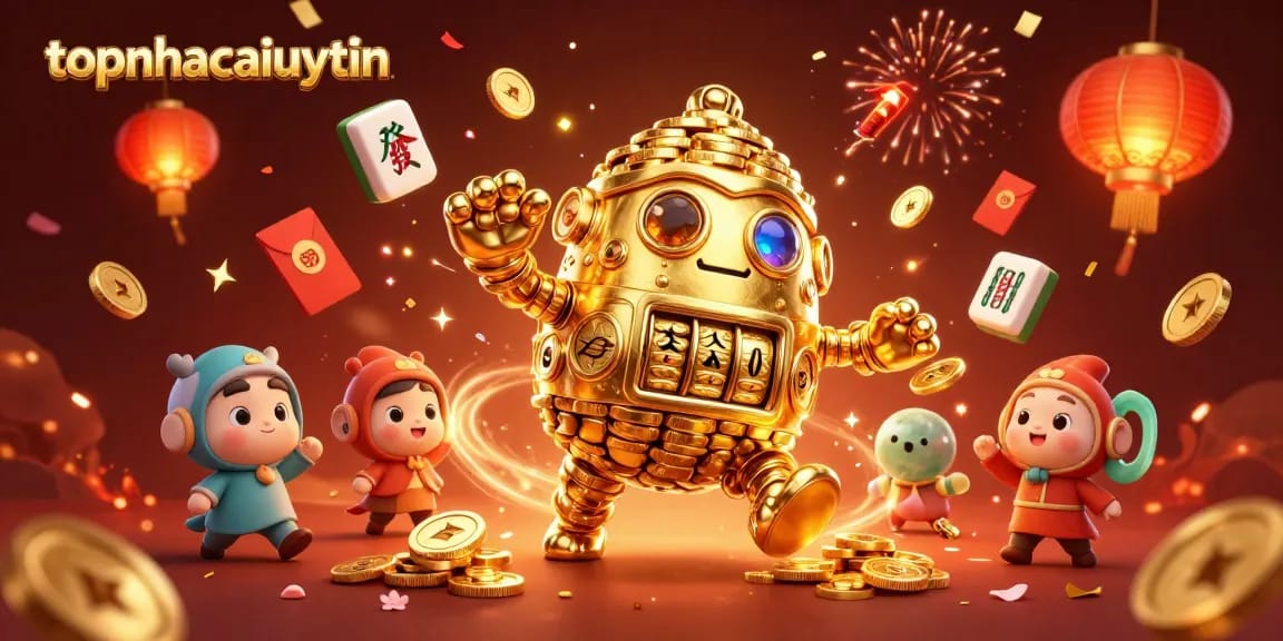 Engage with topnhacaiuytin's vibrant casino world, showcasing an extravagant scene of a golden golem and dynamic game elements.