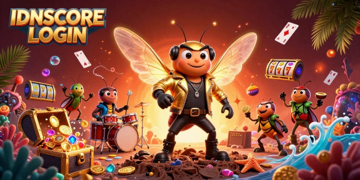 Experience the thrill of IDNSCORE LOGIN as a cartoon rock star and friends celebrate casino wins.